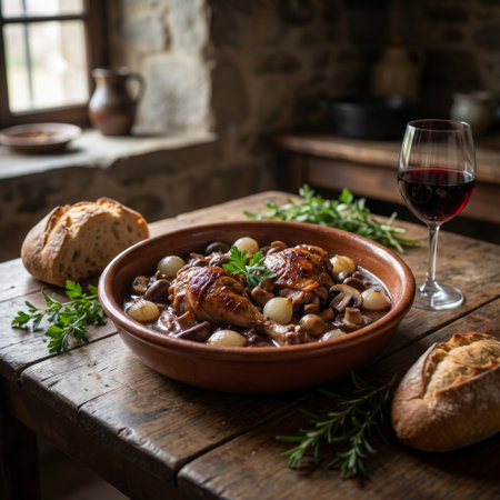 A comforting French meal of Coq au Vin in a terracotta bowl, paired with red wine and crusty bread on a rustic wood table, bathed in soft, natural window light.の素材