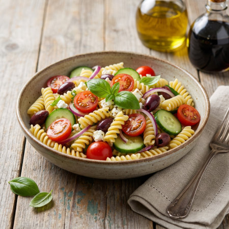 A vibrant bowl of Greek-style fusilli pasta salad with fresh vegetables and feta, served on a rustic wooden table with olive oil and vinegar for a healthy, delicious meal.の素材