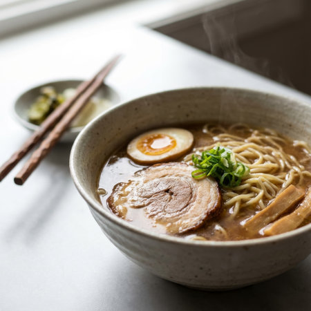 A delicious bowl of tonkotsu ramen with chashu pork, ajitama egg, and scallions, steaming invitingly in soft daylight on a clean, minimalist tabletop.の素材
