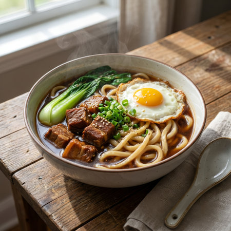 A steaming bowl of hearty Asian udon noodle soup with tender braised pork, bok choy, and a fried egg, served on a rustic wooden table bathed in soft, natural window light.の素材