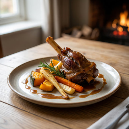 A hearty, beautifully presented lamb shank and roasted vegetable meal on a wooden table, with the comforting ambiance of a crackling fire creating a warm, inviting mood.の素材