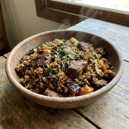A delicious, steaming bowl of hearty meat and rice pilaf, garnished with fresh herbs, served in a rustic wooden bowl on a weathered wood table by a sunlit window.の素材