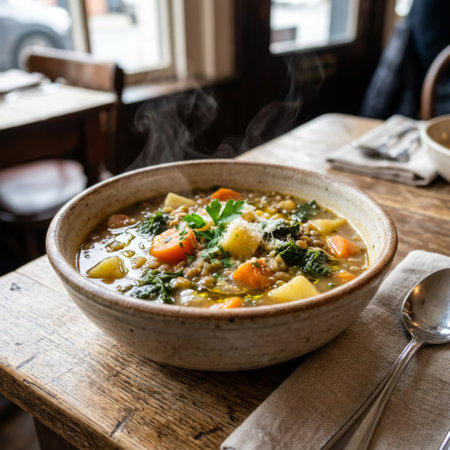 A steaming bowl of hearty lentil soup with kale and vegetables sits on a rustic wooden table in a cozy cafe, garnished with parsley and cheese. Natural light creates a warm mood.の素材