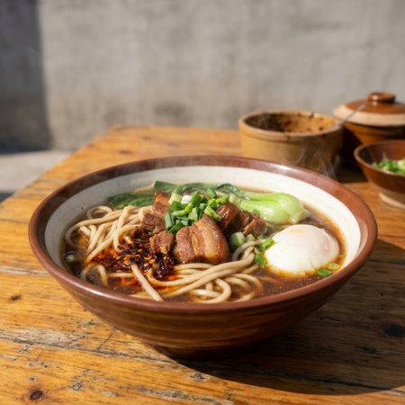 An inviting, steaming bowl of traditional noodle soup with savory pork belly, a poached egg, and chili oil, presented on a rustic wooden table in bright daylight.の素材