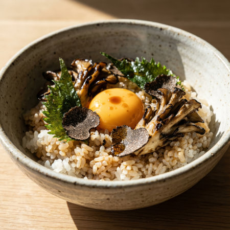 An elegant donburi with grilled maitake, shaved black truffle, and a rich egg yolk over rice, beautifully lit by natural light in a rustic ceramic bowl.の素材