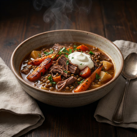 A comforting, steaming bowl of homemade beef and lentil stew, garnished with roasted carrots, parsley, and a dollop of sour cream, served in a rustic ceramic bowl.の素材