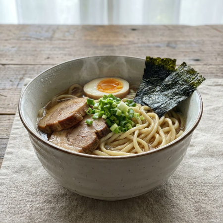 A comforting bowl of authentic Japanese ramen with chashu pork, a jammy egg, and nori, served in a rustic ceramic bowl on a wooden table.の素材