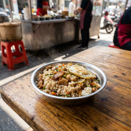 A steaming bowl of freshly cooked pork fried rice with a sunny-side-up egg, served in a metal bowl on a rustic wooden table at a bustling outdoor Asian street food market.の素材