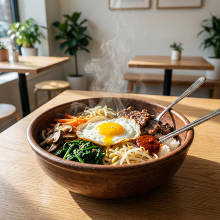 An appetizing bowl of traditional Korean bibimbap, steaming hot with a runny egg yolk, ready to be mixed and eaten in a sunlit cafe.の素材