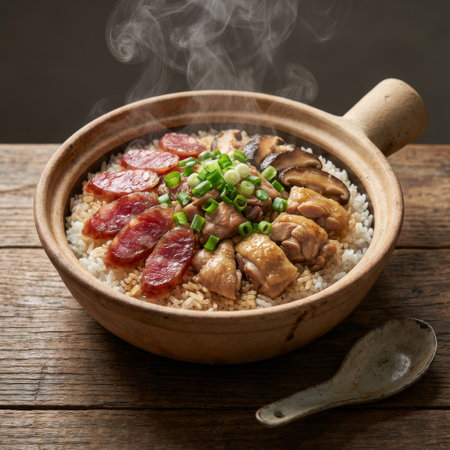Deliciously steaming Cantonese clay pot rice, topped with savory chicken, lap cheong, and shiitake mushrooms. A comforting, traditional Asian meal on a rustic wood background.の素材