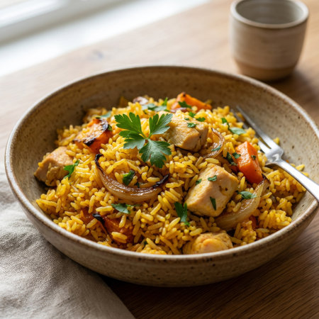 An appetizing close-up of a hearty chicken and rice dish in a speckled earthenware bowl, bathed in soft daylight, creating a cozy and inviting atmosphere.の素材