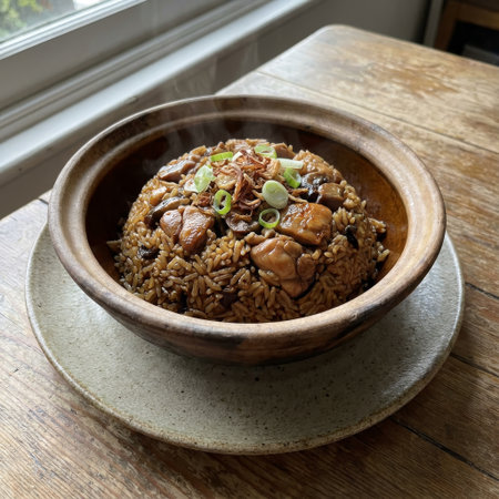 Freshly cooked claypot chicken rice steams gently in an earthenware bowl, garnished with spring onions and shallots, creating a cozy, comforting meal.の素材