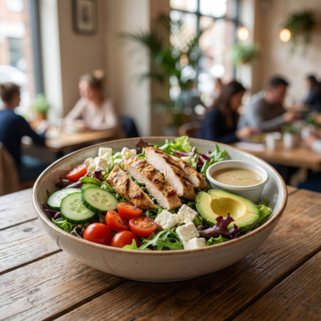 A vibrant bowl of grilled chicken salad with fresh avocado, feta, and tomatoes sits on a rustic table. The shallow depth of field highlights the meal in a busy cafe setting.の素材