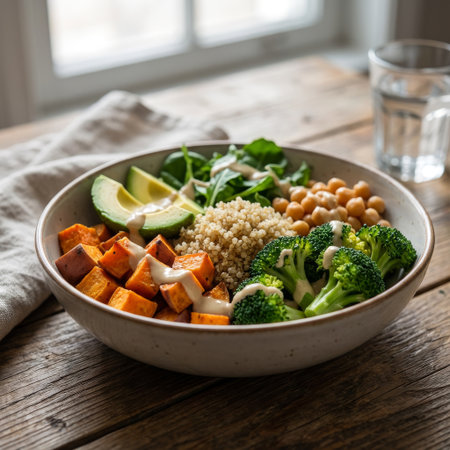 A vibrant, healthy plant-based nourish bowl on a rustic wood table. Features quinoa, avocado, sweet potato, and broccoli, bathed in soft, natural light from a nearby window.の素材