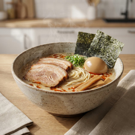 A steaming bowl of authentic Japanese tonkotsu ramen on a wooden table. Features chashu pork, ajitama egg, nori, and noodles in a rich, creamy broth. A cozy, appetizing scene.の素材