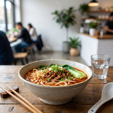 A steaming, savory bowl of spicy Asian noodles with minced meat and greens on a rustic wood table in a bright, modern restaurant. A perfect, comforting lunch.の素材