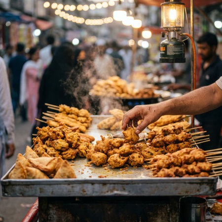 A vendor's hand picks a hot, steaming pakora from a food stall in a bustling Asian night market. The scene is warmly lit by a gas lantern, with crowds blurred in the background.の素材