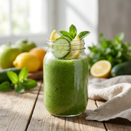 A vibrant green detox smoothie in a mason jar, garnished with lemon and cucumber, sits on a rustic wooden table bathed in soft, natural light from a nearby window.の素材