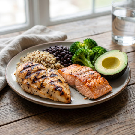 A delicious, high-protein meal with grilled chicken, salmon, quinoa, beans, broccoli, and avocado on a rustic wooden table, bathed in soft, natural window light.の素材
