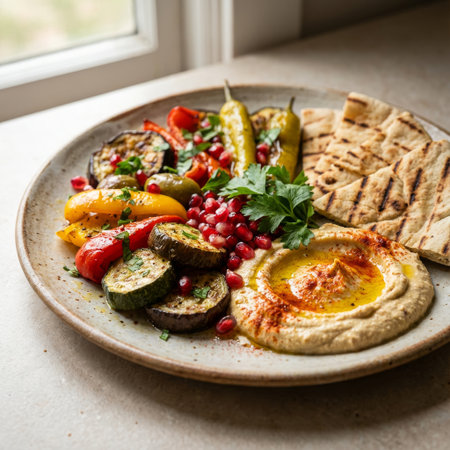 A vibrant Mediterranean mezze platter on a rustic plate by a window. Creamy hummus with olive oil, grilled vegetables, and warm pita bread are garnished with fresh pomegranate.の素材
