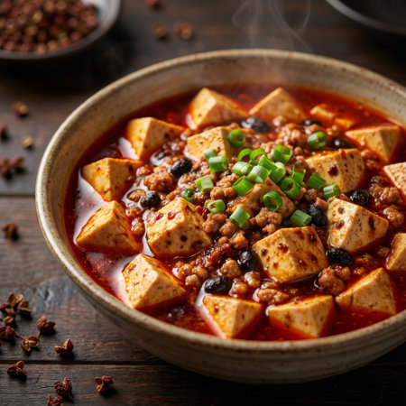 An appetizing bowl of traditional Chinese Mapo Tofu, steaming with heat. The fiery red sauce coats soft tofu, minced meat, and black beans, topped with fresh scallions.の素材