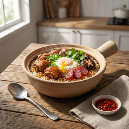 A steaming hot, traditional Asian clay pot rice dish served on a rustic wooden table. Topped with chicken, sausage, mushroom, and a perfect runny egg in a sunlit kitchen.の素材