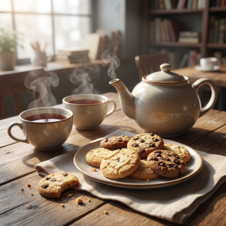 A cozy afternoon break featuring steaming hot tea and a plate of chocolate chip cookies, set on a rustic wooden table bathed in warm sunlight from a nearby window.の素材