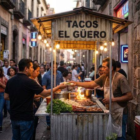 A taquero at his 'Tacos El Guero' cart serves a customer amidst the evening crowd on a historic street, the grill's flame adding to the warm glow.の素材