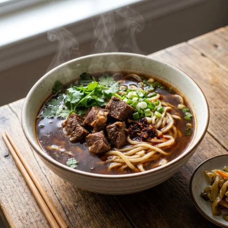 A steaming bowl of authentic Taiwanese beef noodle soup sits on a rustic wood table, bathed in soft window light. Tender beef, noodles, and fresh herbs fill the savory broth.の素材