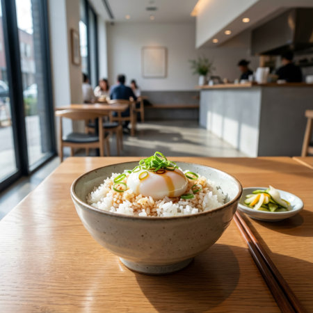 A delicious bowl of Japanese rice topped with a perfect onsen egg and scallions, sitting on a wooden table in a bright, modern restaurant with a blurred background.の素材
