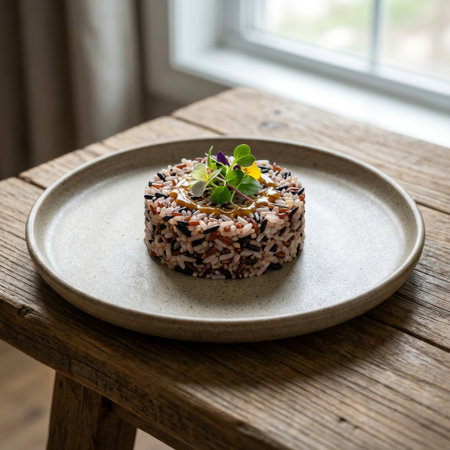 An artfully plated cylinder of mixed wild rice, drizzled with sauce and garnished with edible flowers, served on a rustic stoneware plate by a sunlit window.の素材