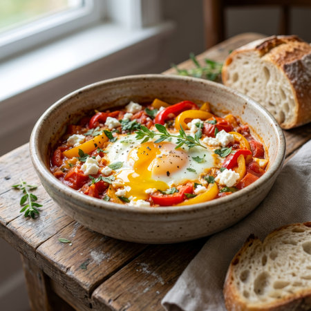 A vibrant bowl of homemade shakshuka with a runny egg yolk, feta, and fresh herbs, served with crusty bread on a rustic wooden table bathed in soft, natural window light.の素材