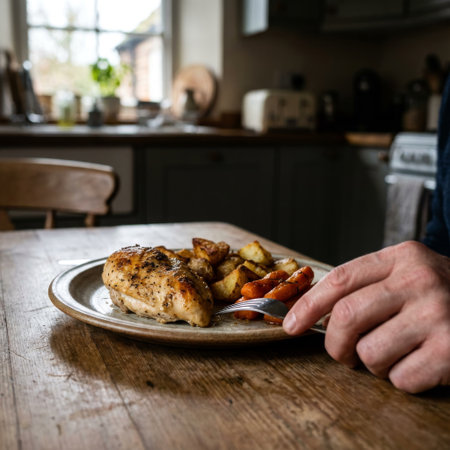 A man's hand with a fork tucks into a hearty roast chicken dinner with vegetables on a rustic plate. A cozy, naturally lit kitchen provides a warm, inviting background.の素材