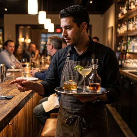 In a bustling, warmly lit bar, a focused waiter in a dark apron carries a tray of elegant cocktails, pointing to the wooden counter to complete the order.の素材