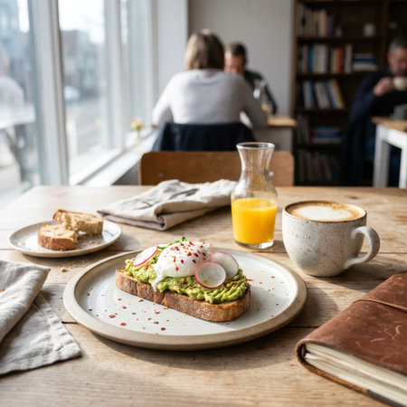 A perfectly prepared avocado toast with a poached egg, radish, and chili flakes, served with a cappuccino and orange juice in a cozy, sunlit cafe. A moment of morning bliss.の素材
