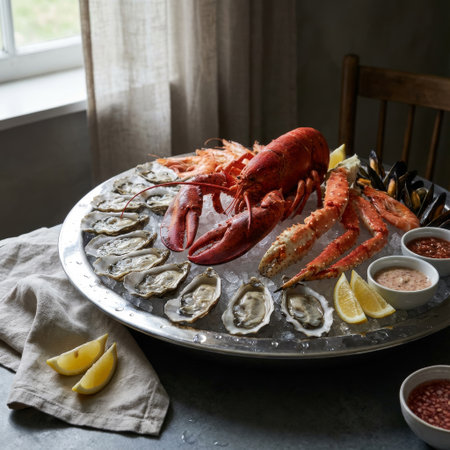 An opulent seafood platter on ice, featuring a vibrant red lobster, oysters, crab, and shrimp. Served with lemon and sauces in a rustic setting with soft, natural window light.の素材