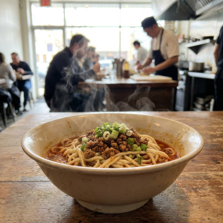 A close-up of a steaming hot bowl of spicy Asian noodles with minced pork and scallions, set against the blurred, lively background of a sunlit restaurant with an open kitchen.の素材