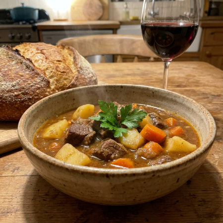 A steaming bowl of hearty beef stew sits on a rustic wooden table, paired perfectly with crusty artisan bread and a glass of rich red wine. A cozy, comforting homemade meal.の素材
