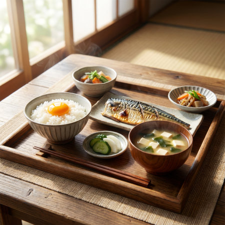 A beautifully arranged traditional Japanese breakfast set on a wooden tray, featuring grilled mackerel, rice with raw egg, and steaming miso soup in a sunlit, rustic room.の素材