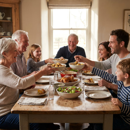 Three generations of a family laugh and share a Sunday roast dinner, passing dishes around a rustic wooden table in a sunlit room, celebrating togetherness.の素材