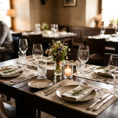 An elegantly set table awaits guests in a cozy, rustic restaurant. A wildflower bouquet, a lit candle, and rosemary sprigs create a warm, intimate, and inviting atmosphere.の素材
