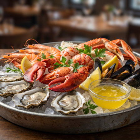 A decadent seafood tower on a rustic tray, showcasing fresh lobster, oysters, crab, and shrimp on ice. Served with lemon and butter in a warm, inviting restaurant atmosphere.の素材