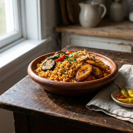 A delicious, steaming bowl of Jollof rice with chicken, plantain, and eggplant, served on a rustic wooden table in soft, natural window light.の素材