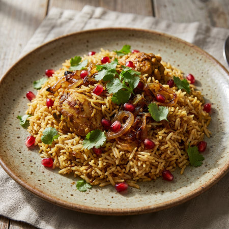 A close-up of a savory chicken biryani, generously garnished with fresh cilantro, caramelized onions, and vibrant pomegranate seeds, served on a rustic ceramic plate.の素材