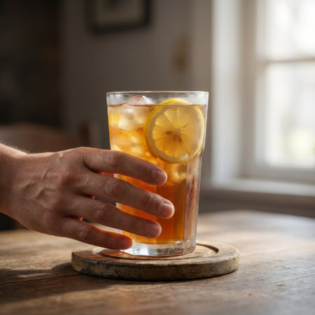 A hand reaches for a tall, frosted glass of iced tea with lemon, resting on a rustic wooden coaster. Soft, natural light from a window illuminates the refreshing scene.の素材