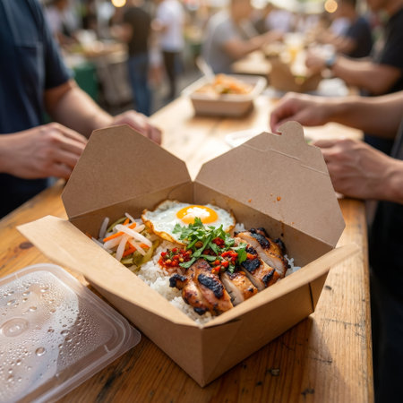 An appetizing box of grilled chicken, rice, and fried egg, enjoyed at a communal table during a lively outdoor food festival with a blurred, bustling background.の素材