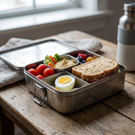 A nutritious, colorful packed lunch in a stainless steel bento box on a rustic wood table, bathed in soft window light. A perfect example of healthy, sustainable meal prep.の素材