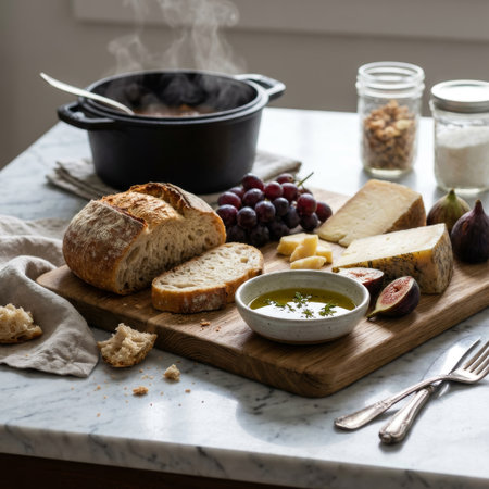 A comforting, rustic meal is served on a marble table, featuring a steaming pot of soup and a wooden board with crusty bread, cheese, figs, grapes, and herbed olive oil.の素材