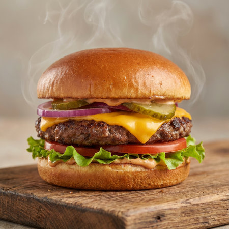 A mouth-watering, hot cheeseburger steams gently on a rustic wood board, layered with a juicy patty, melted cheese, lettuce, tomato, onion, pickles, and creamy sauce.の素材