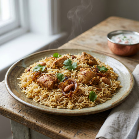 An appetizing close-up of steaming chicken biryani on a rustic plate, garnished with almonds and onions. Served with raita on a wooden table in soft, natural light.の素材